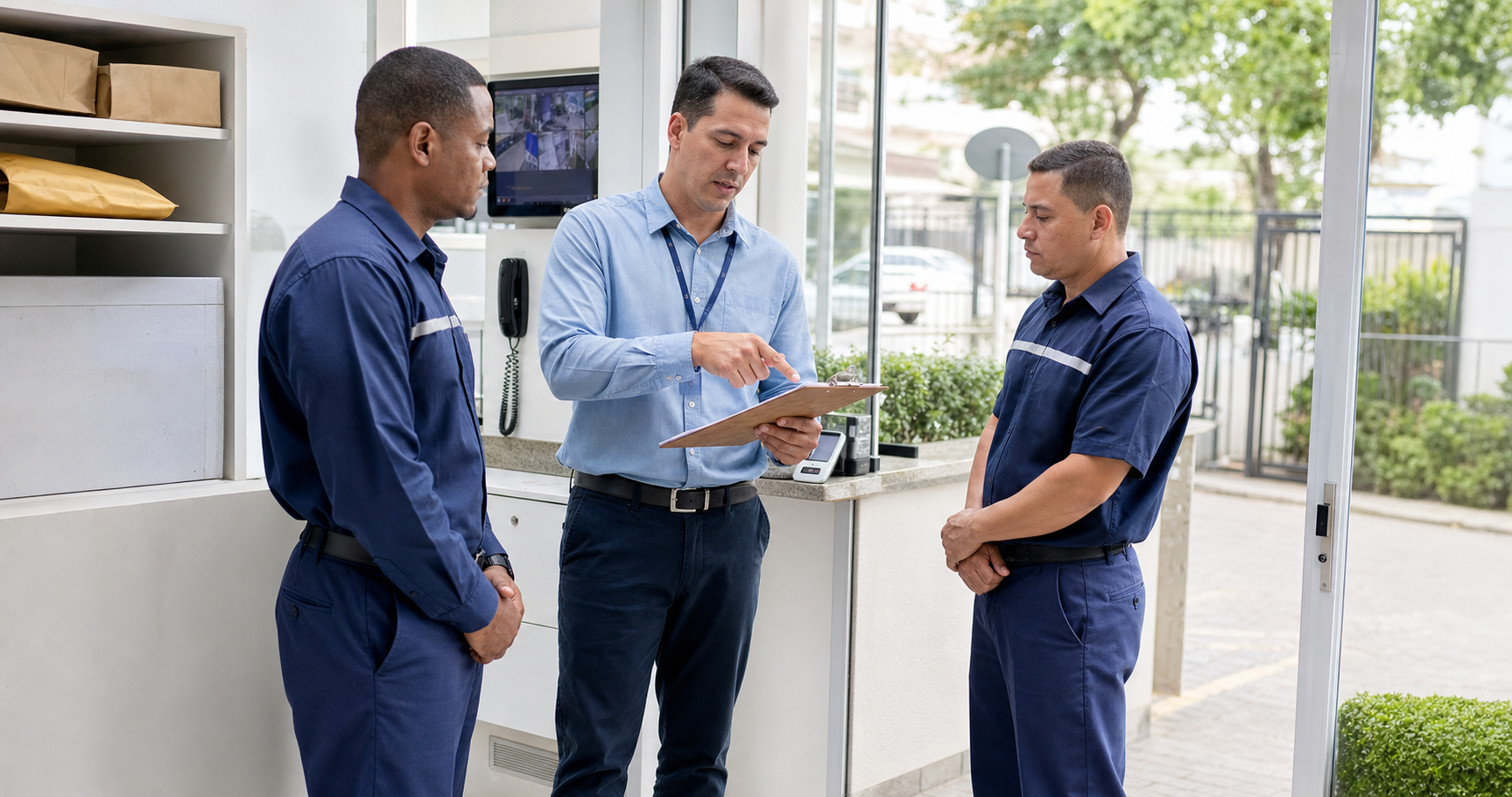 Supervisor orientando a equipe de portaria na rotina do condomínio